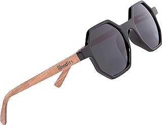 Woodies Gafas de sol hexagonales de madera de nogal polarizadas negras para hombres y mujeres, marco de madera real, 100% protección contra rayos UVA/UVB