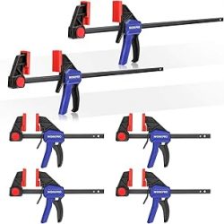 WORKPRO Abrazaderas de barra para carpintería, paquete de 6 abrazaderas/esparcidores con una sola mano, juego de abrazaderas de madera de 6 pulgadas (4) y 12 pulgadas (2) abrazaderas F de cambio