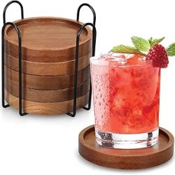 Juego de 6 posavasos de madera con soporte, decoración de mesa de café, juego de posavasos de madera de acacia, posavasos modernos para bebidas, mesa de comedor en casa, accesorios de cocina, lindos
