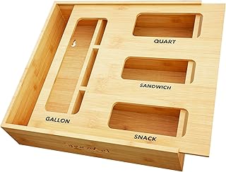 SpaceAid Organizador de almacenamiento de bolsas para cajón de cocina, organizador de bambú, compatible con un galón, cuarto de galón, sándwich y bolsa de tamaño variado (1 caja con 4 ranuras)
