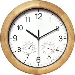 Reloj de pared de madera con temperatura y humedad, 12 pulgadas, color marrón, números grandes para decoración de habitaciones