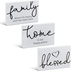 Jetec 3 letreros de madera rústica con texto en inglés "Family Home Blessed", mini letrero decorativo de madera para decoración de mesa de granja, estantes para dormitorio, cocina, sala de estar