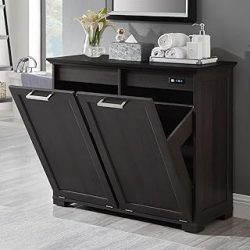 OLD CAPTAIN Gabinete de basura de doble inclinación, cubo de basura de madera para cocina, soporte independiente (marrón oscuro+panel superior negro)..