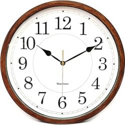 Reloj de pared rústico de roble clásico, bronce vintage simulado de madera, movimiento de cuarzo silencioso sin tictac, estilo antiguo, 12.6 pulgadas de diámetro, marco de plástico, parte delantera de