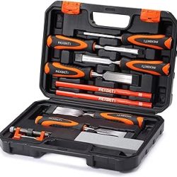 REXBETI - Juego de 10 cinceles de madera prémium, 6 cinceles de madera con 1 guía de afilado, 1 piedra de afilar y 2 lápices de carpintero, cuchillas de aleación de cromo y vanadio tratadas térmicamente