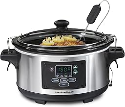 Hamilton Beach Set & Forget - Olla de cocción lenta programable digital y portátil con tapa hermética, sonda de temperatura, de acero inoxidable y capacidad de 6 cuartos de galón