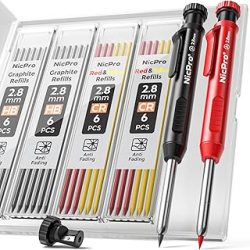 Nicpro Lápiz de carpintero con sacapuntas, juego de lápices mecánicos con 26 repuestos, marcador de agujero profundo para construcción, lápices de carpintería resistentes para arquitecto (negro, rojo)