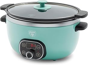 GreenLife Olla de cocción lenta de cerámica de 6 cuartos de galón, sin PFAS, programable, extraíble, antiadherente saludable para comidas familiares, para secar en la estufa, mantener el calor,