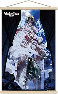 Trends International Attack on Titan-DVD - Póster de pared con marco magnético de madera, 22.375 x 34 pulgadas, paquete de impresión premium y colgador de madera de haya