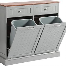 Armario de basura inclinable con soporte doble oculto para latas, gabinete de reciclaje de cocina, a prueba de perros, madera, gris
