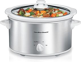 Hamilton Beach Olla de cocción lenta de 4 cuartos con 3 ajustes de cocción, apta para lavavajillas, cerámica y tapa de vidrio, acero inoxidable (33140G)