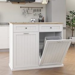 RASOO Gabinete de basura de doble inclinación hacia fuera, armario de basura de madera independiente para cocina, con mesa de grano de madera y 2 cajones