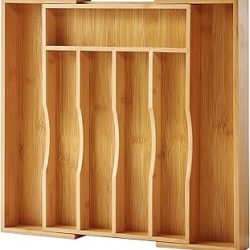 Organizador de cajones de cocina de bambú expandible para cubiertos y utensilios, bandeja ajustable de madera de bambú en el cajón para cubiertos y cubiertos en la cocina, (natural)