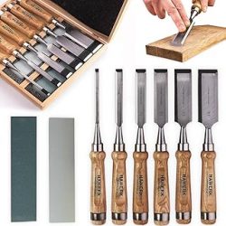 Juegos de cinceles de madera, cinceles para tallar madera con estuche de madera de primera calidad, incluye 6 cinceles de madera y 2 piedras de afilar