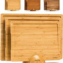 SMIRLY - Juego de tablas grandes para cortar para la cocina, con soporte incluido, hecho de madera de bambú