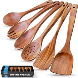 Zulay Kitchen Juego de 6 cucharas de cocina de madera, resistentes al calor, utensilios de teca suaves con agarre cómodo, ligero y duradero, fácil de limpiar, perfecto para utensilios de cocina