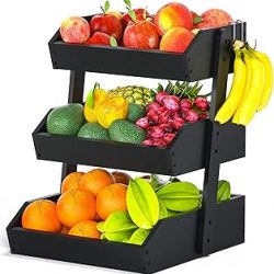 Cesta de frutas de bambú para cocina, frutero de 3 niveles para encimera de cocina, soporte grande para frutas con 2 ganchos para plátano, idea para almacenamiento de frutas y verduras, canasta