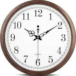 Bernhard Products Reloj de pared grande de 16 pulgadas, movimiento silencioso sin tictac, funciona con pilas, redondo, fácil de leer, decorativo, clásico, marrón, hogar, cocina, oficina, aula,