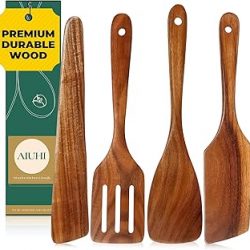 AIUHI Espátula de madera para cocinar, utensilios de cocina de madera de teca premium, utensilios de cocina antiadherentes, juego de 4 utensilios de cocina que contienen paleta, espátula giratoria,