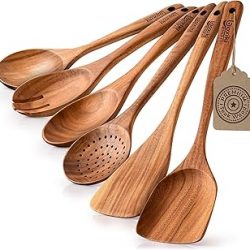 Boxiki Kitchen Juego de 6 cucharas de madera para cocinar, juego de utensilios de madera de teca con acabado duradero y liso, cucharas antiadherentes y espátula para uso diario