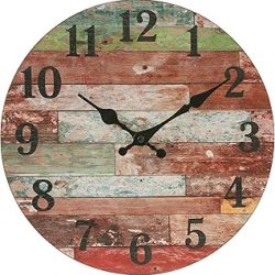 Stonebriar - Reloj de pared de madera rústica, funciona con pilas, decoración de pared clásica de granja para la cocina, sala, dormitorio u oficina, MDF, Rojo desgastado, 12 pulgadas