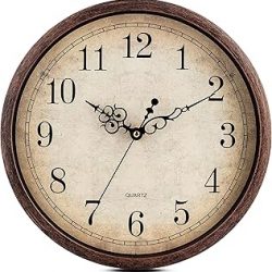Bernhard Products Reloj de pared marrón vintage, silencioso, sin tictac, de 12 pulgadas, funciona con pilas, redondo, decorativo, fácil de leer, para el hogar, cocina, sala de estar, comedor,