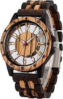 Brown Deep Black Ebony Zebra Wooden Quartz Men's Watch,Foldover Clasp Wood Strap Wooden Watches for Men