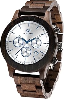 Men's Wooden Watch, 100% Natural Wood Watch, Japanese Quartz Movement with Date Display Chronograph Function
