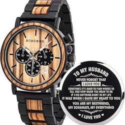 BOBO BIRD Mens Personalized Engraved Wooden Watches, Stylish Wood & Stainless Steel Combined Quartz Casual Wristwatches for Men Family Friends Customized Watch