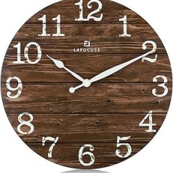 Lafocuse 12 Inch Wooden Brown Wall Clock Battery Operated Silent Non Ticking, Farmhouse Decorative Brown Clock for Living Room Decor Kitchen Bedroom Home Office-Version 2.0