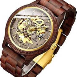 IK COLOURING Men's Watches Luxury Mechanical Wooden Case Skeleton Lumious Automatic Self-Winding Lightweight Genuine Leather Bracelet/Wood Band Wrist Watch
