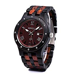 Bewell Wood Watches for Men Date Display Quartz Analog Lumious Pointers (Ebony and Red Sandalwood)