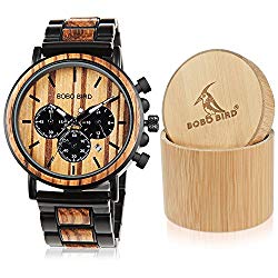 BOBO Bird Wooden Mens Watches Large Size Stylish Wood & Stainless Steel Combined Chronograph Military Quartz Watch (Balck Wood Band)