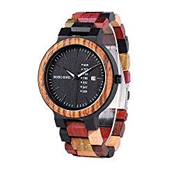 Men's Colorful Wooden Watch, Week & Date Display Quartz Watches Handmade Casual Wood Wrist Watch