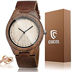 CUCOL Men's Walnut Wood Cowhide Leather Strap Watch Wooden Case Analog Quartz Wristwatch with Gift Box