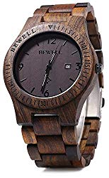 Bewell ZS-W086B Mens Wooden Watch Lightweight Calendar Analog Quartz Movement Wristwatches, Ebony Wood Dial