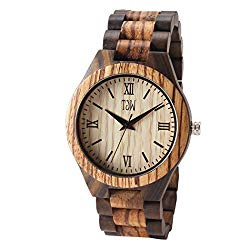 TJW Mens Natural wooden Watches Analog Quartz Handmade Casual Wrist Watch 6006-4M (zebra wood)