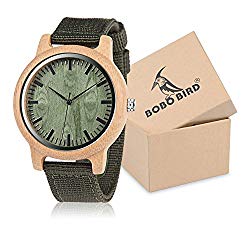 BOBO Bird Unisex Bamboo Wooden Watch for Men and Women Analog Quartz Lightweight Handmade Casual Watches with Green Nylon Strap