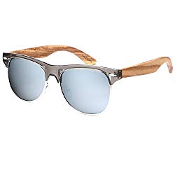 Ablibi Bamboo Wood Semi Rimless Sunglasses with Polarized Lenses in Original Boxes (Zebra Wood, Silver)