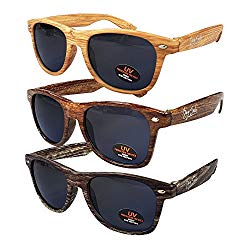 Wayfarer Sunglasses for Men, Women & Kids by Ray Solée- 3 Pack of Tinted Lenses with UVA & UVB Protection (Light Woodgrain,Woodgrain,Dark Woodgrain, Black)