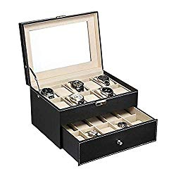 Watch Box for 20 Compartments Dual Layers Elegant Wooden Watch Collection Box Top-Level Opening Style Watch Display Case (11.02" x 7.87" x 6.50" Black