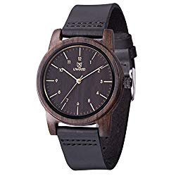 NEW BETTER Men's Wooden Watch Cowhide Leather Strap Japan Quartz Movement Casual Wrist Watches (Black Sandalwood)