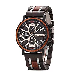 BOBO BIRD S18-1 Mens Wood Watch Stylish Wooden Stainless Steel Combined Chronograph with Luminous Pointers Fashion Timepiece for Men