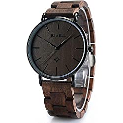 BEWELL Wooden Watches for Men/Women Slim Analog Quartz Minimalist Couple Wrist Watch W163A (Men-Black)