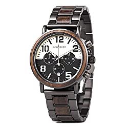 BOBO BIRD Men Wooden Stainless Steel Watch Mens Luxury Timepieces Chronograph Quartz Watches (Black)
