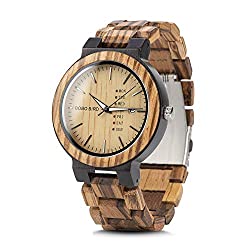 Mens Wooden Watch Bamboo Handmade Quartz Watch Analog Zebra Lightweight Casual Wrist Watches
