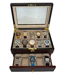TIMELYBUYS 20 Piece Ebony Walnut Wood Men's Watch Box Display Case Collection Jewelry Box Storage Glass Top
