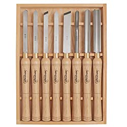 HSS Woodworking Lathe Chisel Set 8 Piece Set For Wood Turning. Hardwood Handles, High Speed Steel, Brass Ferrules, and Wooden Case For Storage