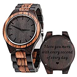 Engraved Wood Watches for Man Dad Husband Boyfriend - I Love You More Every Second - Personalized Anniversary Birthday Wooden Watch for Men Him - Zebra Black