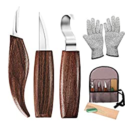 Wood Carving Tools, 6 in 1 Wood Carving Kit with Carving Hook Knife, Wood Whittling Knife, Chip Carving Knife, Gloves, Carving Knife Sharpener for Beginners Woodworking kit